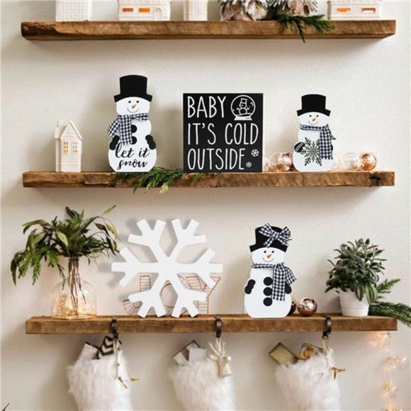 Christmas Tiered Tray Decor - Snowman w/ Buffalo Plaid Ribbon, Wooden Snowflake - Picture 3 of 7